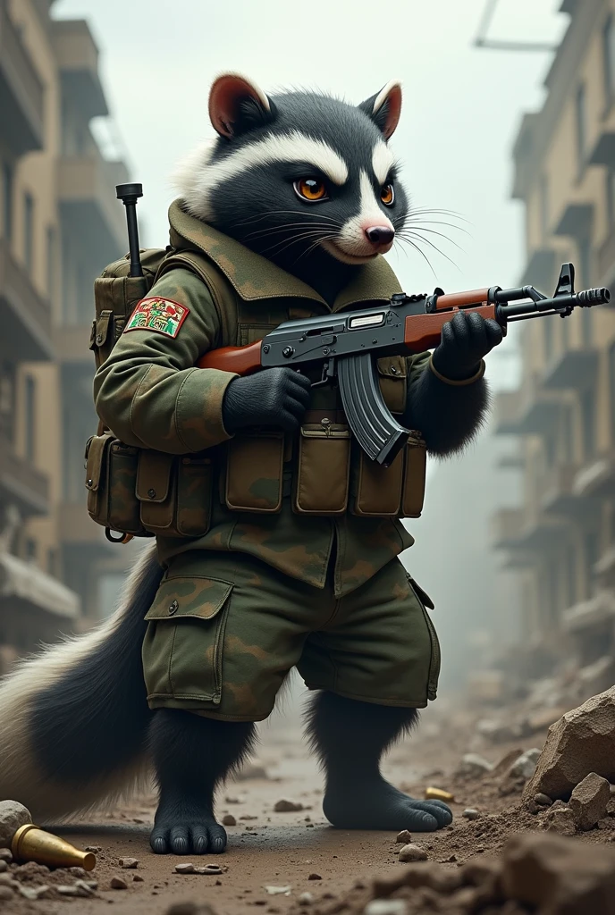 Military annoying skunk with AKM weapon