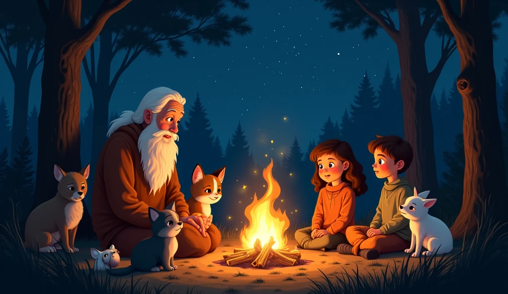 A cozy nighttime scene with a group of children and animals gathered around a crackling campfire. The firelight casts a warm glow on their faces as they listen intently to an elder telling a story. The surrounding forest is dark, with tall trees silhouetted against the night sky, filled with twinkling stars. The atmosphere is magical and comforting, with the firelight flickering and creating shadows that dance on the ground.