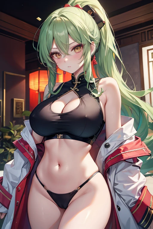 A slutty Chinese gyaru with skinny body and disproportionate very huge boobs dressed in , (masterpiece:1.2), (best quality:1.2), (very aesthetic:1.2), (absurdres:1.2), (detailed background), newest, ai-generated, intricate details, {{anime screencap}}, AddXL, 1girl, wang liu mei, gundam, slender, skinny, gyaru, slut, lipstick, eyeliner, eyeshadow, makeup, thin body, narrow waist, thin thighs, slim legs, hip bones, huge breasts, {{{dark green hair}}}, {{{long hair}}}, {{{ponytail}}}, {{{parted bangs}}}, {{{yellow eyes}}}, {{{hair slicked back}}}, forehead, cleavage, navel, midriff, solo, censored, bar censor,