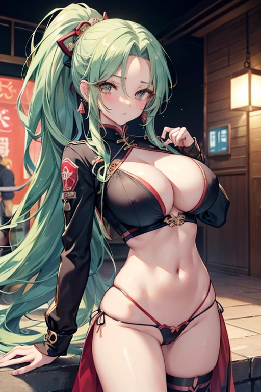 A slutty Chinese gyaru with skinny body and disproportionate very huge boobs dressed in , (masterpiece:1.2), (best quality:1.2), (very aesthetic:1.2), (absurdres:1.2), (detailed background), newest, ai-generated, intricate details, {{anime screencap}}, AddXL, 1girl, wang liu mei, gundam, slender, skinny, gyaru, slut, lipstick, eyeliner, eyeshadow, makeup, thin body, narrow waist, thin thighs, slim legs, hip bones, huge breasts, {{{dark green hair}}}, {{{long hair}}}, {{{ponytail}}}, {{{parted bangs}}}, {{{yellow eyes}}}, {{{hair slicked back}}}, forehead, cleavage, navel, midriff, solo, censored, bar censor,