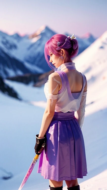 Extreme Detail, perfection, aerial photograph, Like a work of art, Anime girl with ice and snow sword, Her pink hair and long purple skirt complement each other well., Ayaka Genshin gazing into the distance, Leading to the world of Genshin.