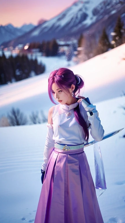 Extreme Detail, perfection, aerial photograph, Like a work of art, Anime girl with ice and snow sword, Her pink hair and long purple skirt complement each other well., Ayaka Genshin gazing into the distance, Leading to the world of Genshin.