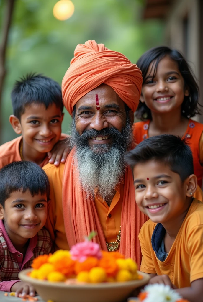 Photograph of a hindu Nepali father wearing Dhaka Topi and tika celebrating fathers day with their kids  outdoor