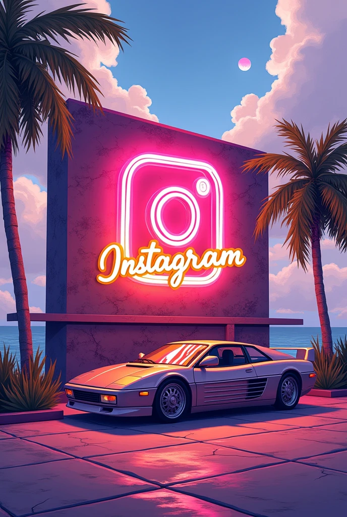 Instagram sign, write the name - Dainty Dreamer , creat it very powerful and attitude , purple, pink, white and yellow colour , with car image
