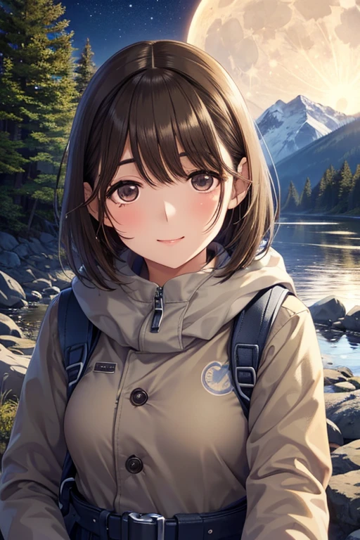 anegasaki nene、Shiny brown hair, short hair, (Beautiful brown eyes、Sparkling eyes, Fine grain)、smile、Ultra-detailed eyes、Very detailed顔, Very detailed目,
1 female((Upper body selfie, Happy)), masterpiece, Highest quality, Very detailed,
alone, Outdoor, (night), Mountain々, nature, (performer, moon) Hilarious, Happy, Backpack, sleeping bag, Camping stove, Water bottle, Mountain boots, gloves, sweater, have, flashlight, forest, rock, river, wood, cigarette, Shadow, Contrast, sunny, Analog Style (Displaying the viewer:1.2) (Skin Texture) (Film Grain:1.3), (Warm colors, Warm tones)