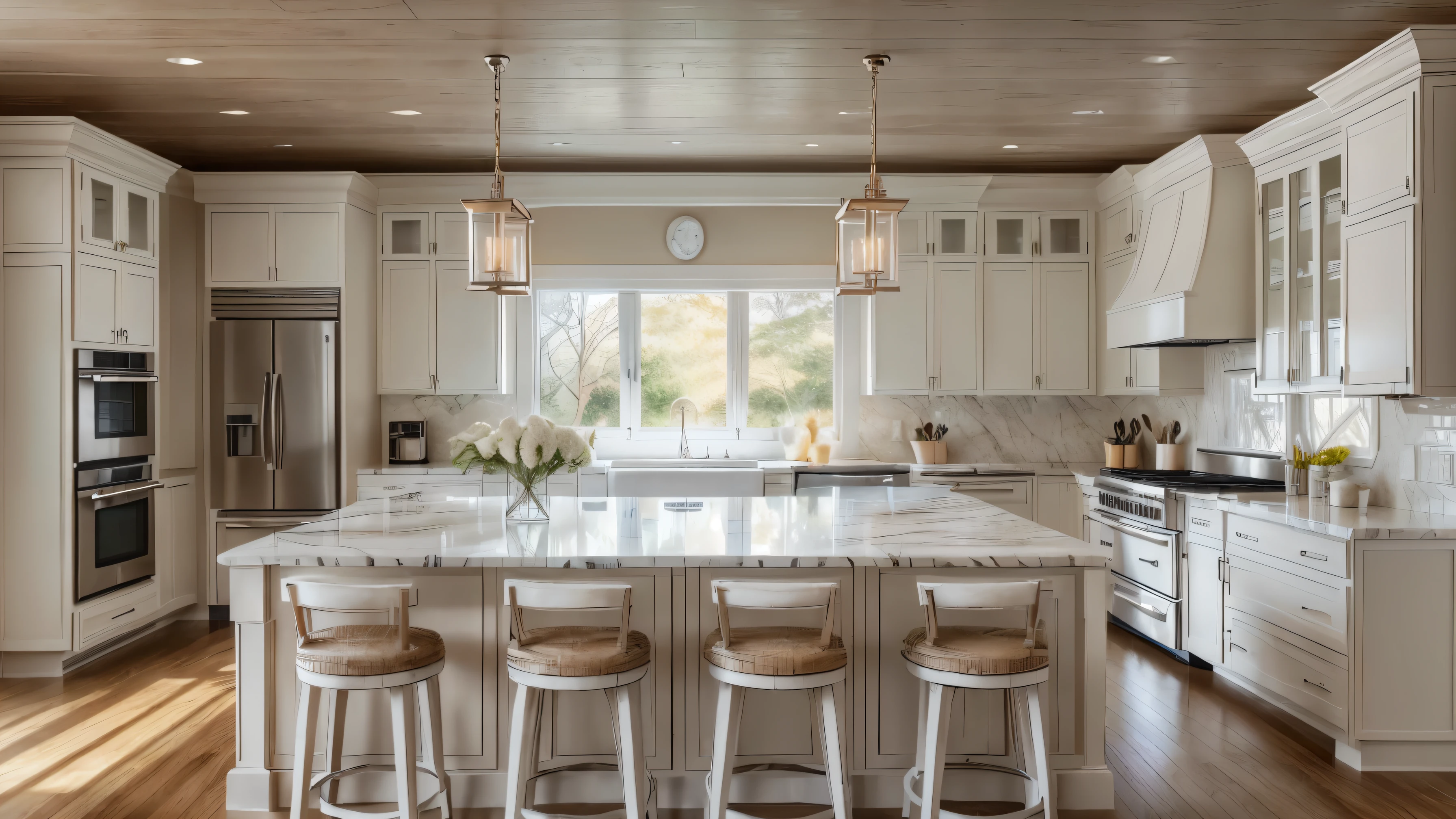 A cozy, modern kitchen with a neutral color palette, featuring white cabinetry, marble countertops, and light wood accents. The central island has a wooden base and is paired with four light-colored stools. Elegant pendant lights hang above the island, casting a warm glow. The backsplash is composed of small, neutral-toned tiles, and a large vase with flowers sits on the island, adding a fresh touch. The kitchen has a clean, airy feel, with natural light streaming in from large windows