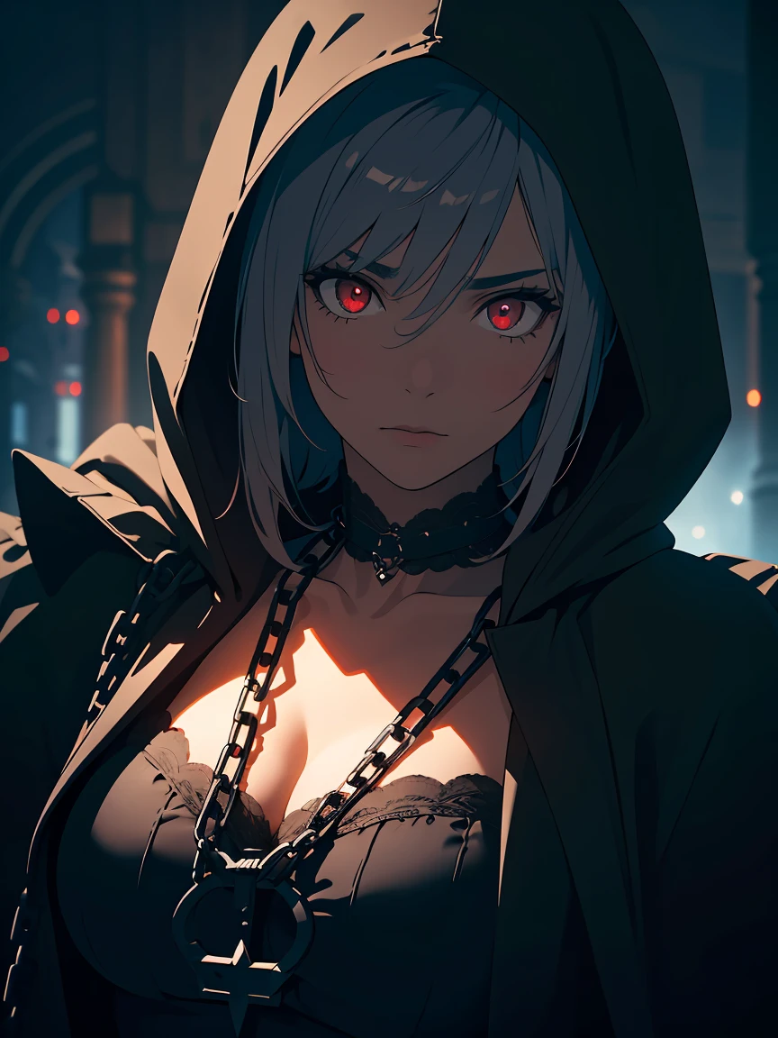 a dark assassin shrouded in obsidian black chains, medieval assassin, silver chains glowing in the night, glowing red eyes, black hood, detailed intricate chains, extremely detailed chains, highly detailed chains, sinister chains, ominous chains, masterfully crafted chains, cinematic lighting, dramatic shadows, moody atmosphere, realistic rendering, photorealistic, 8k, high resolution, best quality, dark fantasy, gothic, dramatic lighting