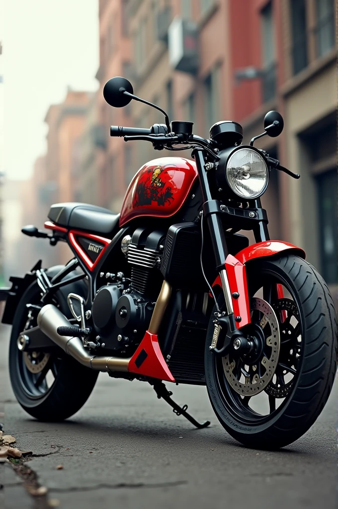 Royal Enfield GT650 with black mate finish modified with exhaust and printed blood on it