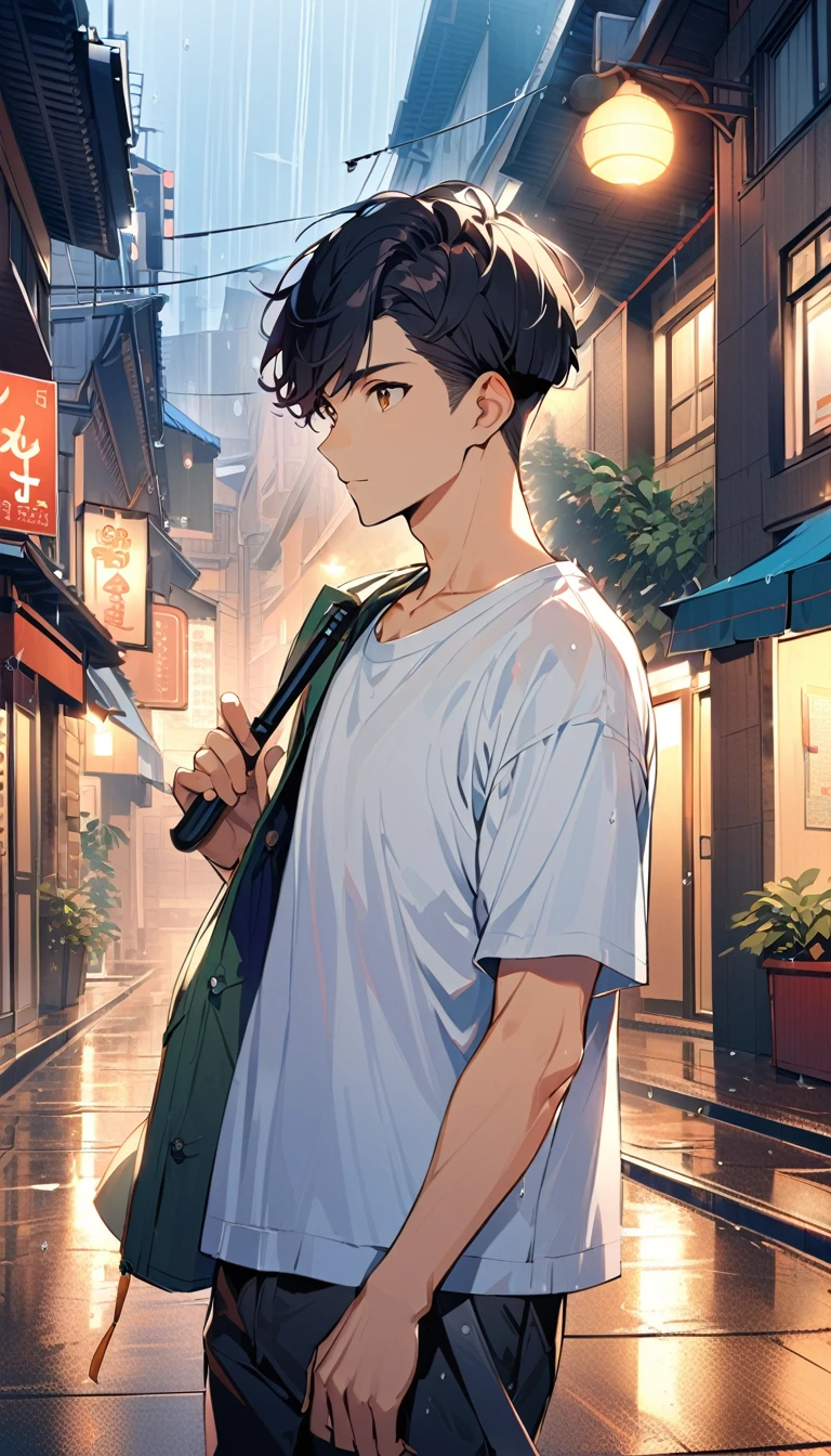 1man, solo, handsome and cute, crew cut, black Hair, brown eyes, 25years old, he's holding an umbrella, standing, raining, residential area with sunshine