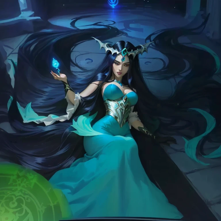 a close up of a cartoon character in a blue dress, supervillain sorceress witch, enchantress, rei hino as a princess, ursula the sea witch, sorceress, as an atlantean, female disney villain, goddess of mischief, alien princess,( very longhair girl), floor length hair