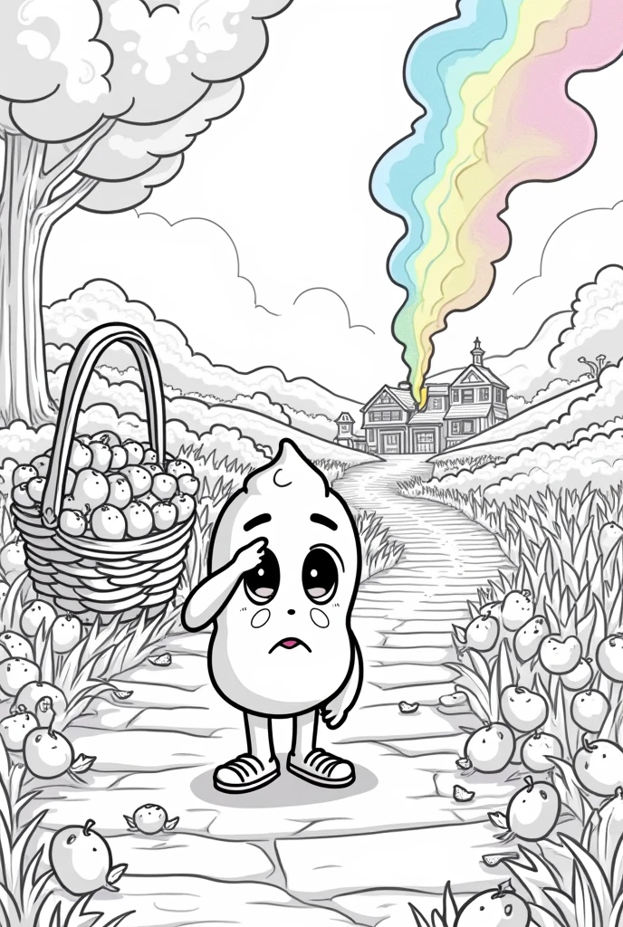 candy, a sweet shaped like a , candy, now with the basket full of apples, is standing in the middle of a sweet stone path, looking at the village in the distance. from the village, a smoke colored in shades of pink, blue and green rises to the sky. candy tem uma expressão de preocupação, with his hand raised, shielding your eyes from the glare of the smoke. crie uma imagem em preto e branco, it's a coloring page, in cartoon style