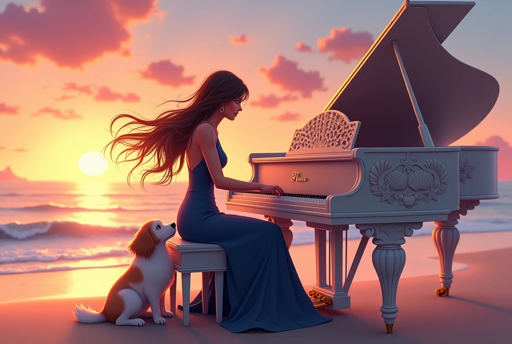 A warm, fantasy cartoon-style scene featuring a serene woman playing the piano on a peaceful beach at sunset. The woman, with her long hair gently flowing in the ocean breeze, wears an elegant, navy blue dress that flows gracefully around her. The piano, adorned with delicate seashell and starfish designs, has the name 'Nura' beautifully engraved in a flowing, ornate script on its front. Her loyal dog, a fluffy companion, sits beside her, gazing up with love and contentment. The sky is a stunning blend of pink, orange, and purple hues as the sun sets, casting a soft, golden glow over the scene, creating a magical, tranquil atmosphere.