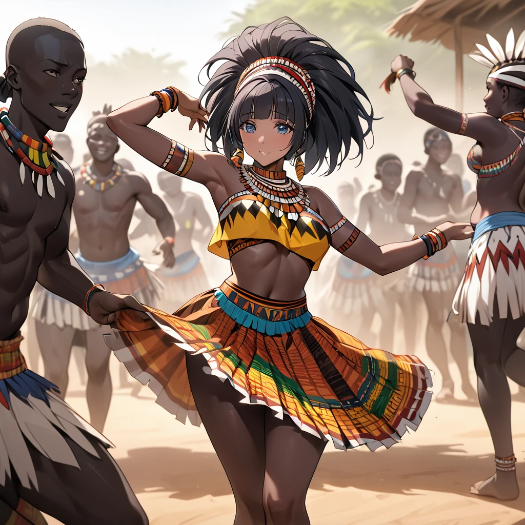((Highest quality)), ((masterpiece)), (detailed), （Perfect Face）、The woman is Aoki Reika, a Ghanaian with black skin and medium-long hair, and is a dancer of the indigenous people of Ghana, Africa.、A woman is dancing an African native tribal dance in Ghanaian native African tribal dance costume and with a Ghanaian hairstyle