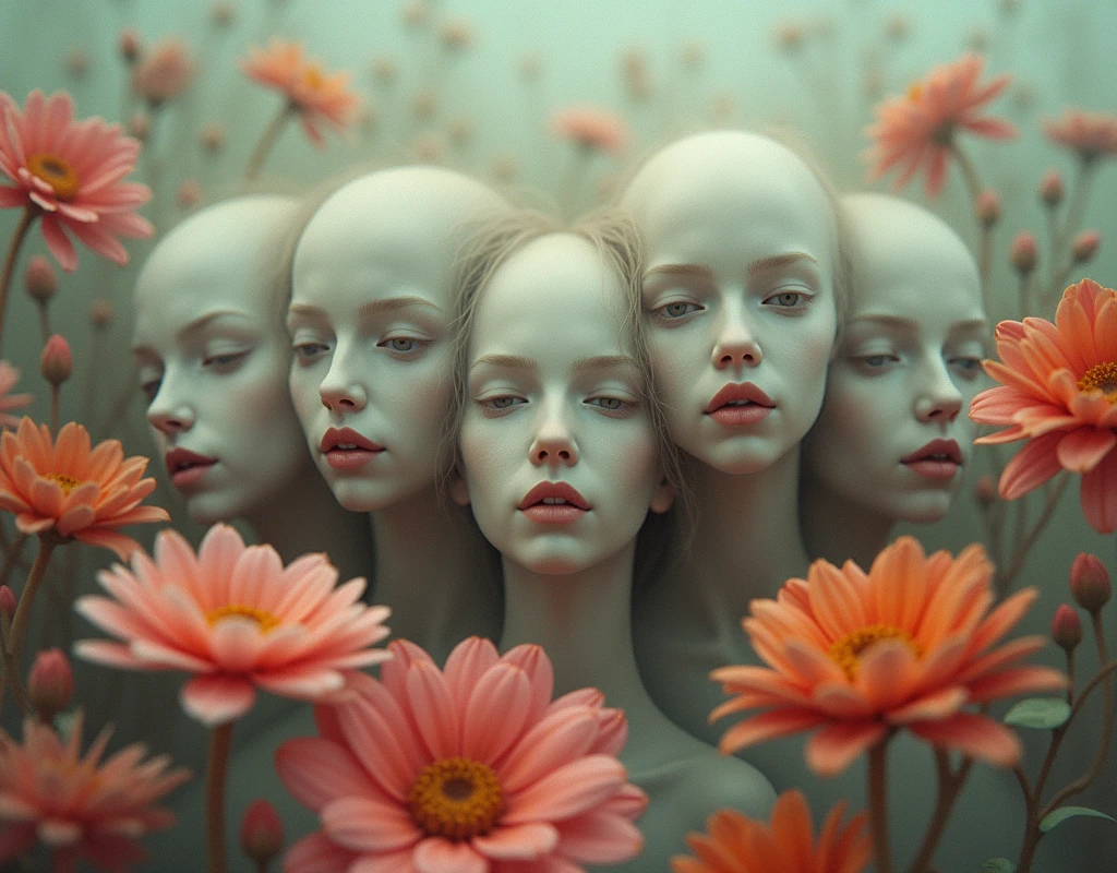 Surreal Scene art、Surreal figures、Hair is a flower、Beautiful woman、A different flower for each person、Flower of individuality、、Fantasy、Faint lighting