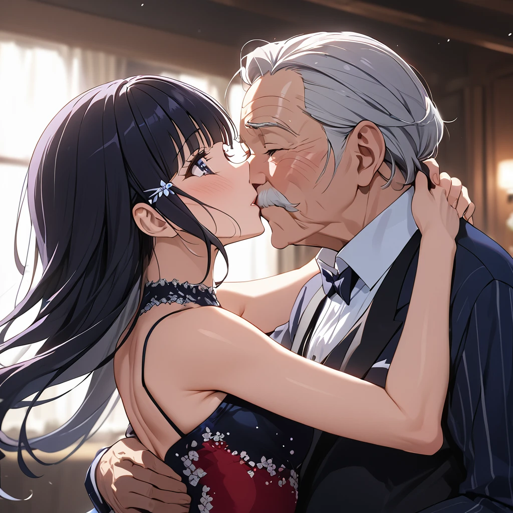 ((Highest quality)), ((masterpiece)), (detailed), （Perfect Face）、The woman is Reika Aoki with semi-long hair、The woman is wearing a beautiful, gorgeous tango costume and is dancing tango passionately while kissing an old man.