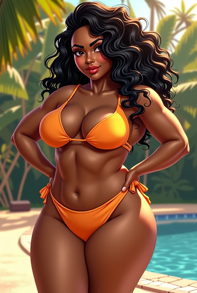 A fat woman, Brunetette, of curly hair, A short woman with thin eyebrows and thin lips in a bikini
