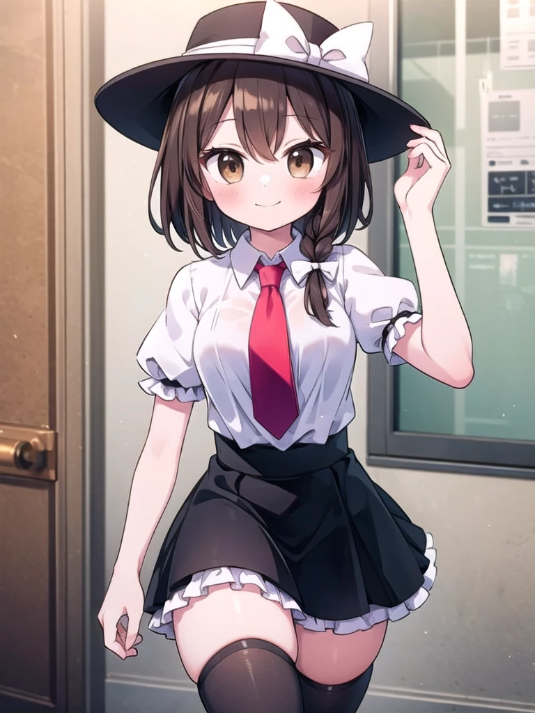 1girl, masterpiece, best quality, perfect hands, smile, blush, closed mouth, brown eyes, black thighhighs, zettai ryouiki, black skirt, frills, puffy short sleeves, black hat with white ribbon, black hat, white ribbon, usami renko, touhou, brown hair, short hair, miniskirt, white shirt, red necktie, single braid