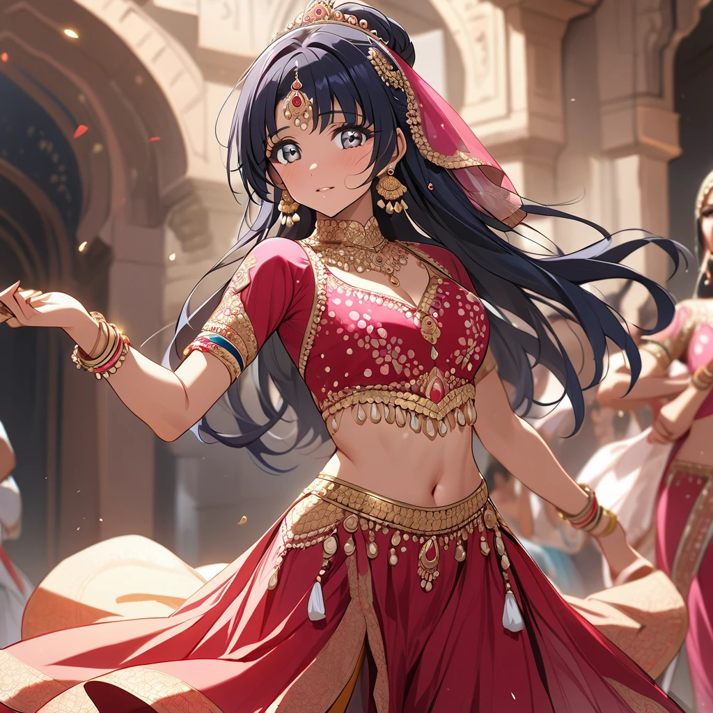 ((Highest quality)), ((masterpiece)), (detailed), (Perfect Face)、The woman is Reika Aoki, an Indian with dark skin and semi-long hair.、A woman is dancing beautifully in Bollywood dance costume in India