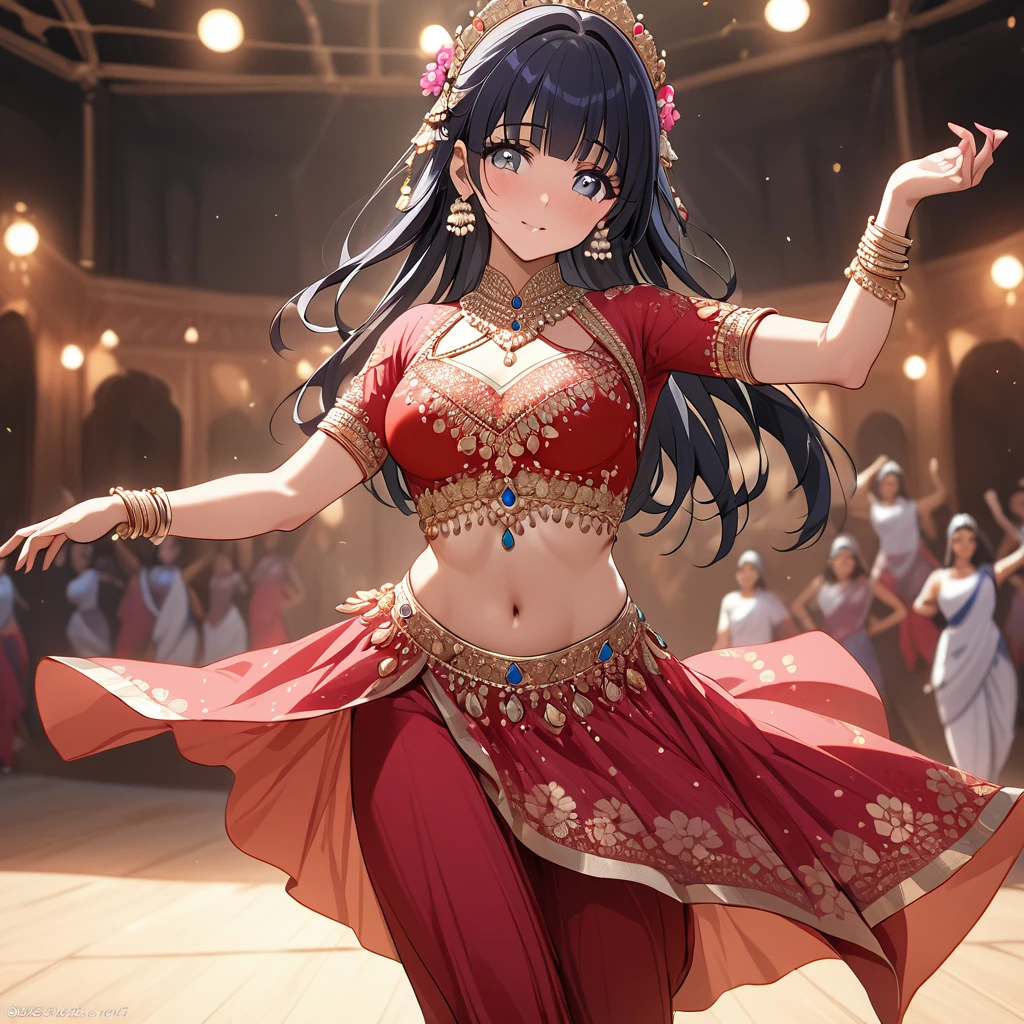 ((Highest quality)), ((masterpiece)), (detailed), (Perfect Face)、The woman is Reika Aoki, an Indian with dark skin and semi-long hair.、A woman is dancing beautifully in Bollywood dance costume in India