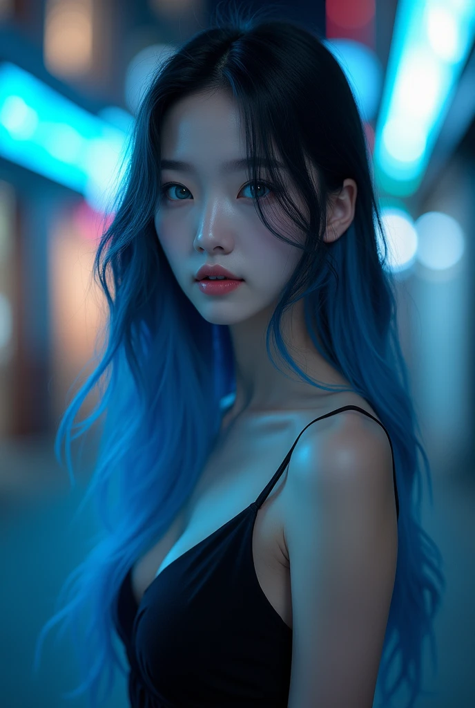 Busty Korean girl poses with her legs spread、Beautiful Face、Blue Hair K-Pop Idols