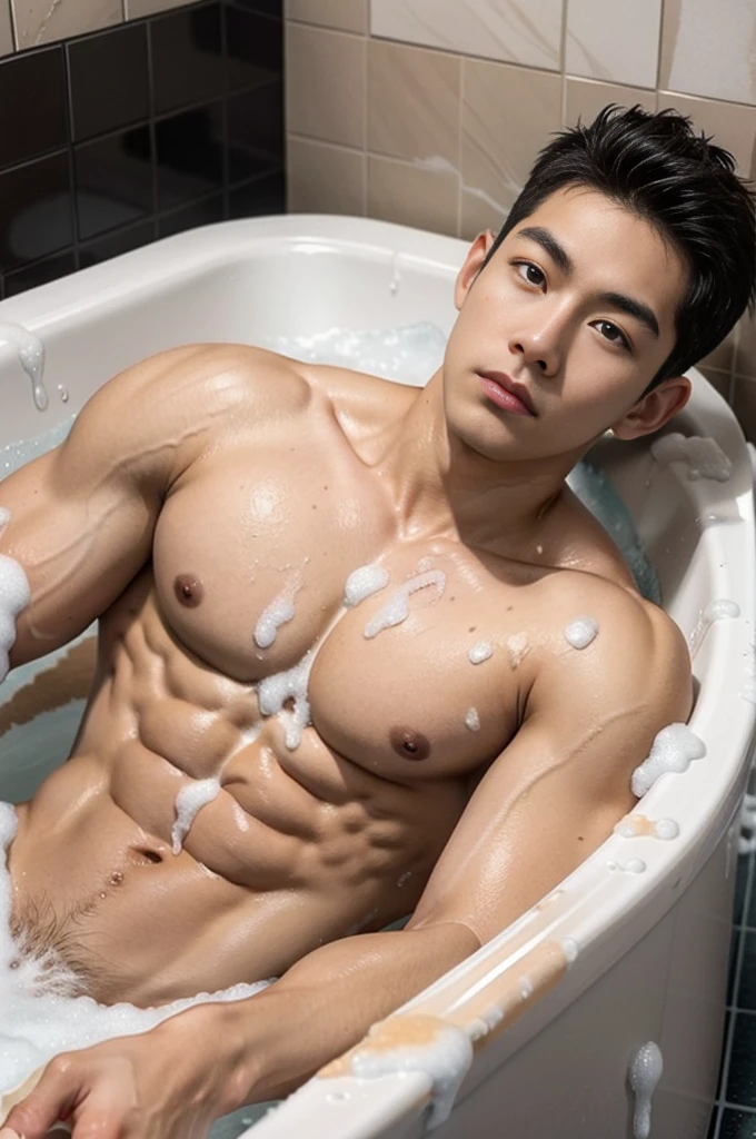 aiden,1 Asian muscular male, lying in the bathtub, filled with a lot of soap foam in bathtub, his half under body part is under the soap foam 