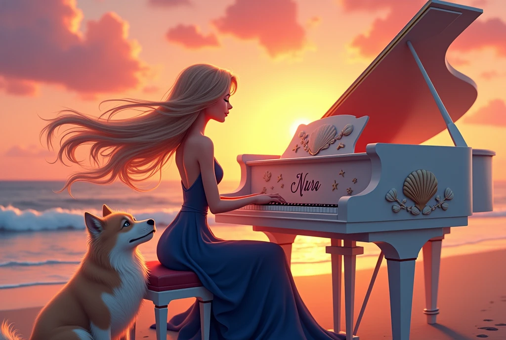 A warm, fantasy cartoon-style scene featuring a serene woman playing the piano on a peaceful beach at sunset. The woman, with her long hair gently flowing in the ocean breeze, wears an elegant, navy blue dress that flows gracefully around her. The piano, adorned with delicate seashell and starfish designs, has the name 'Nura' beautifully engraved in a flowing, ornate script on its front. Her loyal dog, a fluffy companion, sits beside her, gazing up with love and contentment. The sky is a stunning blend of pink, orange, and purple hues as the sun sets, casting a soft, golden glow over the scene, creating a magical, tranquil atmosphere.