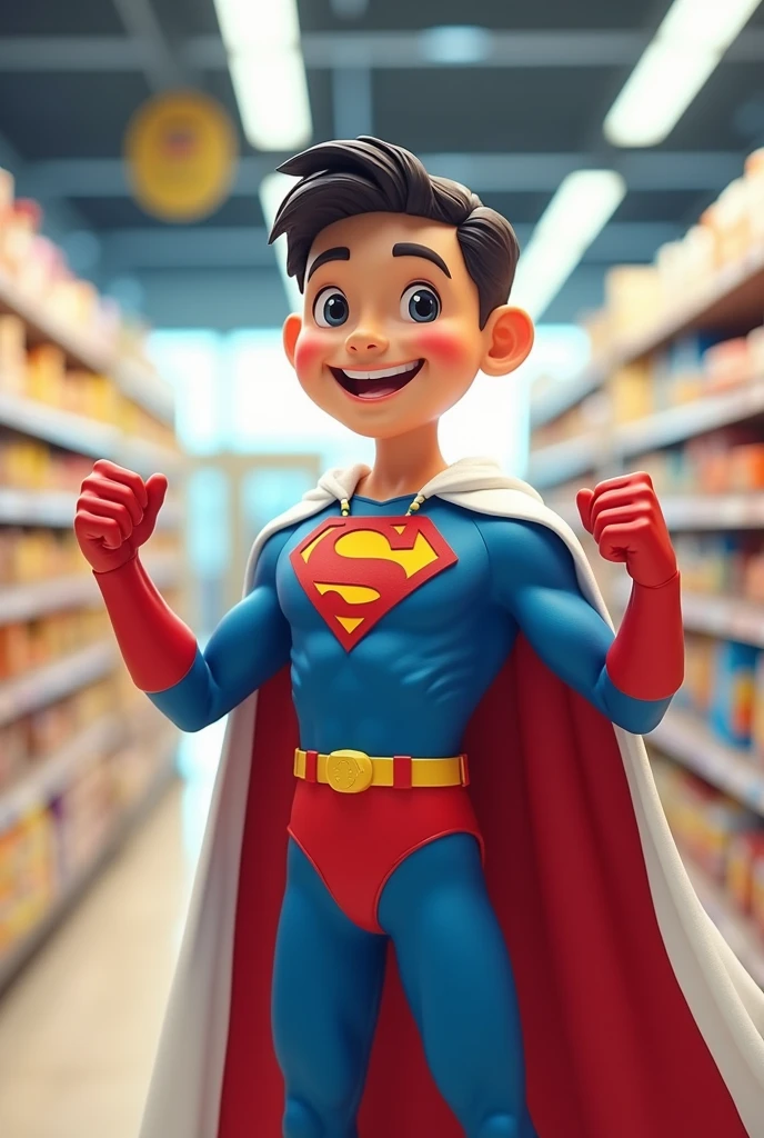 a friendly character dressed in a white cape and a blue and red superhero costume promoting the idea that the supermarket is the hero of prices and quality