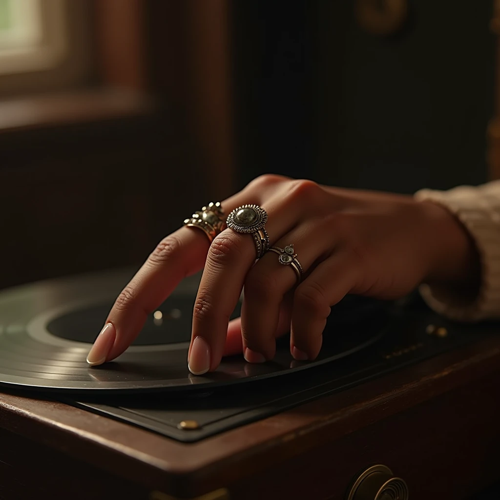 A black girl's finger pressing play on an old music player, beautiful finger nail, rings, antique 