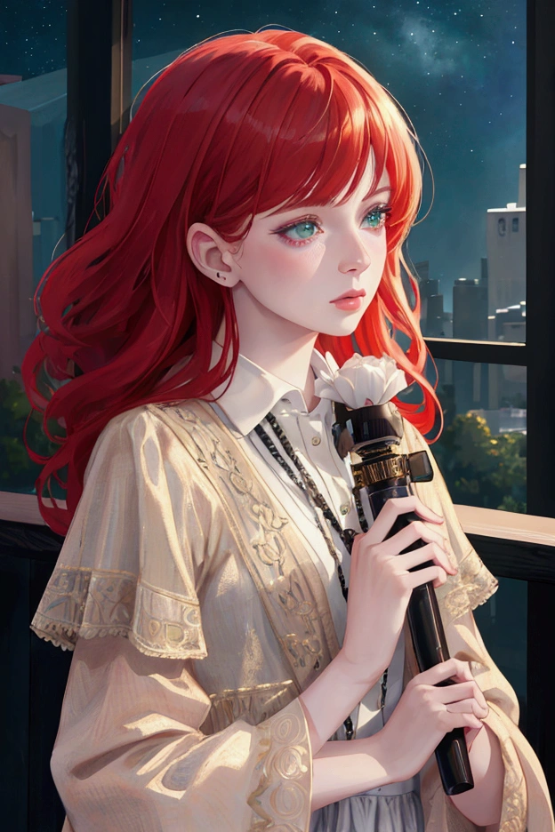 girl in a starry night sky background, redhead, green eyes, pale skin, thoughtful expression, detailed portrait, high quality digital art, cinematic lighting, dramatic colors, fantasy, surreal, magical realism, ultra-detailed, (best quality,4k,8k,highres,masterpiece:1.2),ultra-detailed,(realistic,photorealistic,photo-realistic:1.37)