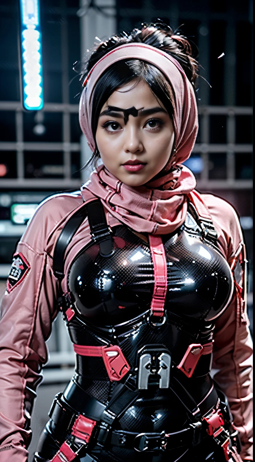(Wearing special force soldier), Very cute and -like face, Power puff girl, Naked, Angry pose, Angry face, (((PINK CLOTH HIJAB MALAY GIRL))), masutepiece, High quality, UHD 45K, Realistic face, Realistic skin feeling , A Japanese Lady, , , Very cute and babye face, (((FLAT CHEST))), ((VISIBLE CLEAVAGE)), (MATRIX WORLD), ((look In front at the camera and SADNESS)), ((RED BLACK MECHA MILITERY SUIT)), ((DETAILS SPECIAL FORCE COSTUME)) capture in ultra high resolution with photorealistic and beautiful lighting. (((CUTE GIRL))), ((RED LIPS)), ((BRA AND PANTIES)), ((CHUBBY)), ((BLACK HARNESS, MAGAZINE BELT)), modern equipment. Malay girl armed with red black Special force Crest, Mechanical part, confident smile, girl in the middle of the TOKYO cyberpunk