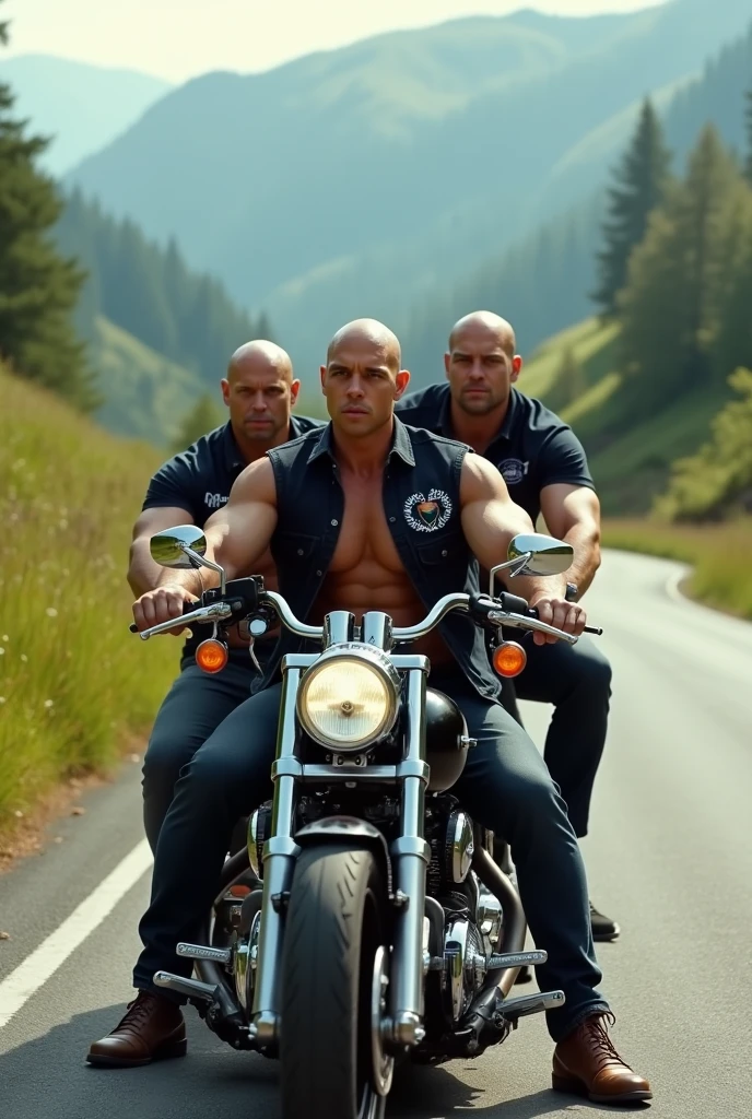 3 body builder white bald men wearing unbuttoned black denim shirt with logos at beautiful valley on heavy motor bike