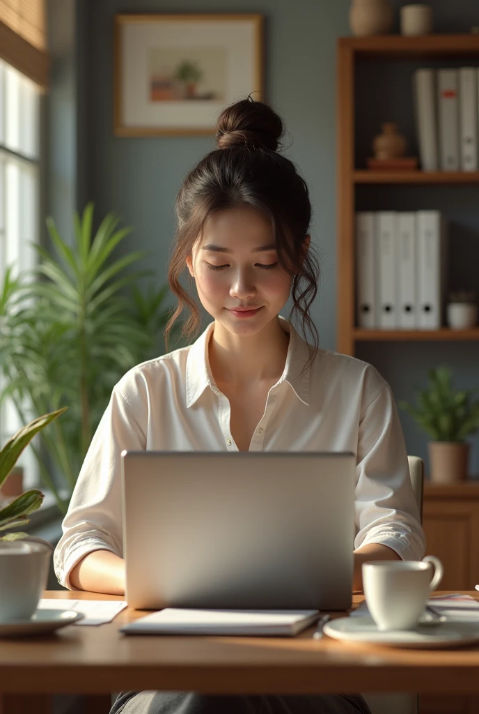 perfect girl, who working in the office alone with laptop
