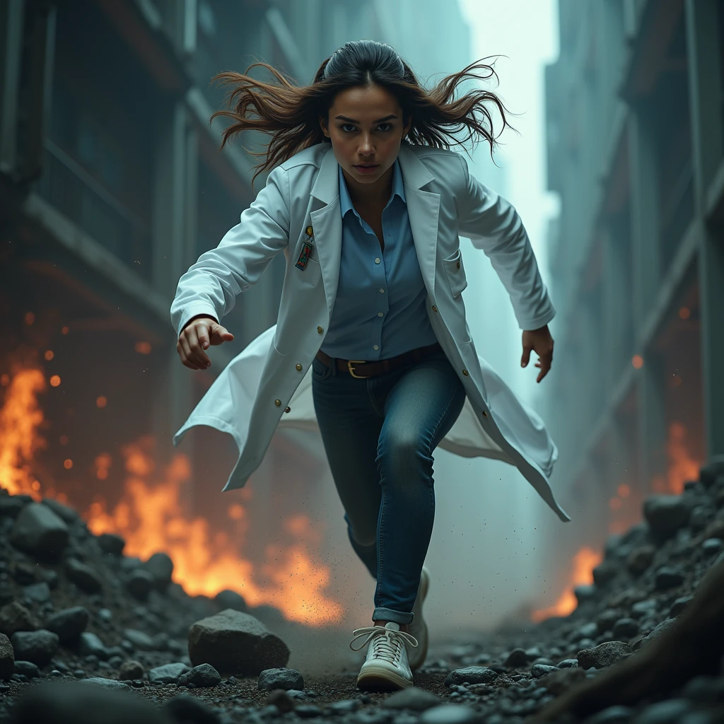 person who works as a dietitian, living a very epic action scene and characteristic of him, very epic, very realistic, high quality, impressive, contrast, saturation, incredible, tint, good image filter, brightness, good lighting, full body, random background, dark environment, negative environment, action, 32k, unique --s 750