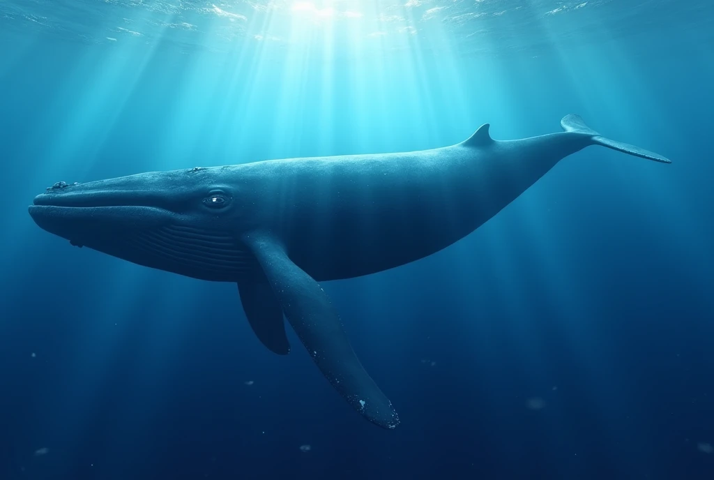 Create a captivating, hyper-realistic, AI-generated artwork of a blue whale in its natural ocean habitat. The whale should be depicted in a majestic and serene moment, showcasing its massive size and distinctive features, such as its sleek body, large flippers, and prominent dorsal fin. Capture the detailed texture of the whale's skin and its smooth, streamlined form.

The scene should reflect the vastness and depth of the ocean, with a backdrop of deep blue water, gentle waves, and possibly some small marine life like fish or jellyfish in the background. Include details such as the sunlight filtering through the water, creating a dappled effect on the whale’s skin and the surrounding environment.

Use natural, cool tones to depict the whale and its underwater surroundings, highlighting the contrast between the whale’s deep blue skin and the varying shades of the ocean. The lighting should be soft and diffuse, with sunlight penetrating the water to illuminate the whale and create a sense of depth.

The style should be hyper-realistic yet artistic, focusing on the whale’s grandeur and the tranquil beauty of its ocean habitat. The final artwork should be high-resolution and visually striking, capturing the awe-inspiring presence of the blue whale in its natural marine environment.