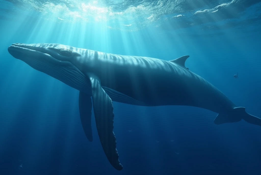 Create a captivating, hyper-realistic, AI-generated artwork of a blue whale in its natural ocean habitat. The whale should be depicted in a majestic and serene moment, showcasing its massive size and distinctive features, such as its sleek body, large flippers, and prominent dorsal fin. Capture the detailed texture of the whale's skin and its smooth, streamlined form.
The scene should reflect the vastness and depth of the ocean, with a backdrop of deep blue water, gentle waves, and possibly some small marine life like fish or jellyfish in the background. Include details such as the sunlight filtering through the water, creating a dappled effect on the whale’s skin and the surrounding environment.
Use natural, cool tones to depict the whale and its underwater surroundings, highlighting the contrast between the whale’s deep blue skin and the varying shades of the ocean. The lighting should be soft and diffuse, with sunlight penetrating the water to illuminate the whale and create a sense of depth.
The style should be hyper-realistic yet artistic, focusing on the whale’s grandeur and the tranquil beauty of its ocean habitat. The final artwork should be high-resolution and visually striking, capturing the awe-inspiring presence of the blue whale in its natural marine environment.