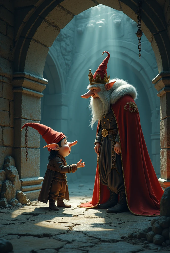 a gnome talking to a prince inside a dungeon