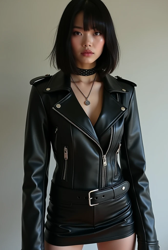 araffe woman in a black leather jacket and skirt posing for a picture, an album cover by Yang J, tumblr, dada, leather clothing, leather clothes, very aesthetic leather jacket, wearing cyberpunk leather jacket, black leather slim clothes, leather, punk rock clothes, cyberpunk fashion clothing, she wears leather jacket, dressed in short leather jacket, dressed in biker leather