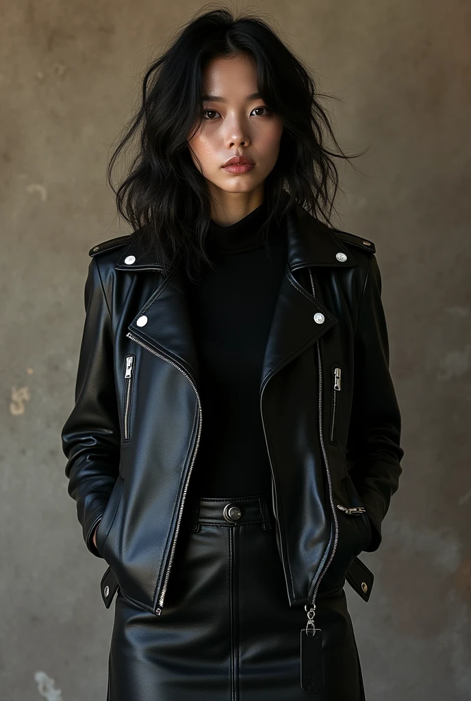 araffe woman in a black leather jacket and skirt posing for a picture, an album cover by Yang J, tumblr, dada, leather clothing, leather clothes, very aesthetic leather jacket, wearing cyberpunk leather jacket, black leather slim clothes, leather, punk rock clothes, cyberpunk fashion clothing, she wears leather jacket, dressed in short leather jacket, dressed in biker leather