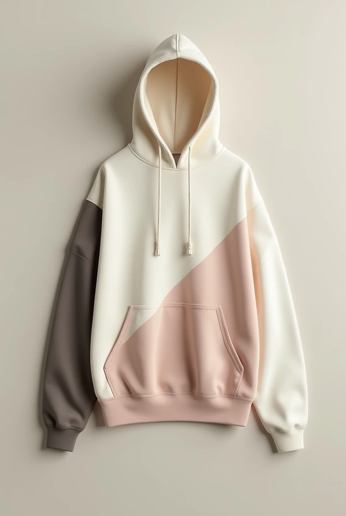 Create an image of a hoodie with neutral colors that match, with one color overlapping the other in a boxy fit style.