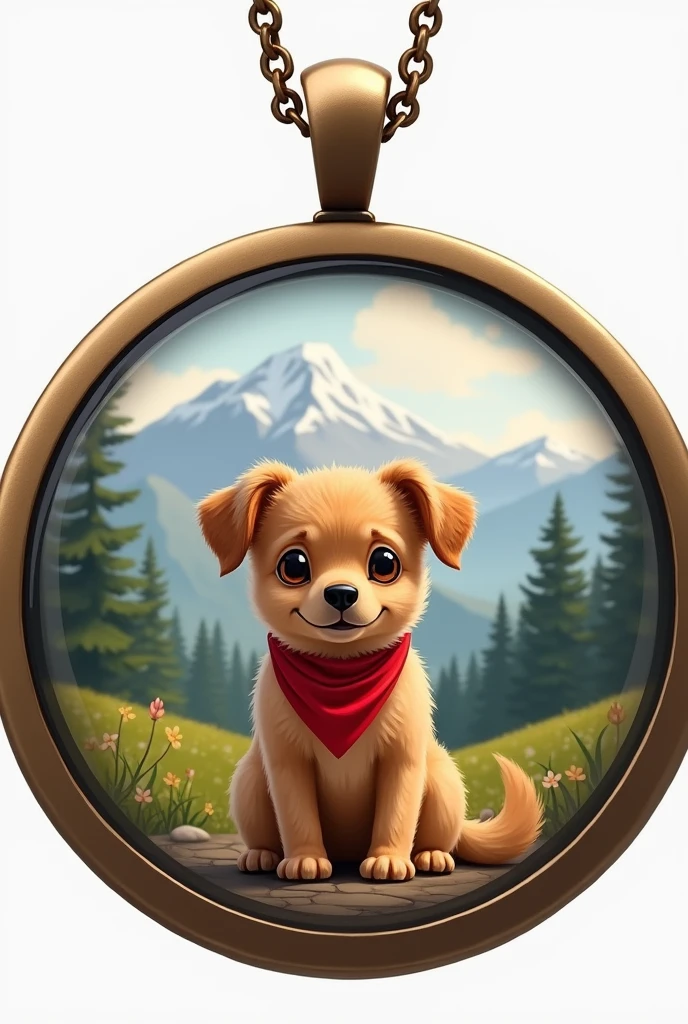 A circular design for a tiny painting inside of a locket. A circular mural with a cute, small brown dog with a red bandana, the design needs to be pretty and simple, the dog is standing in front of a beautiful mountainous landscape