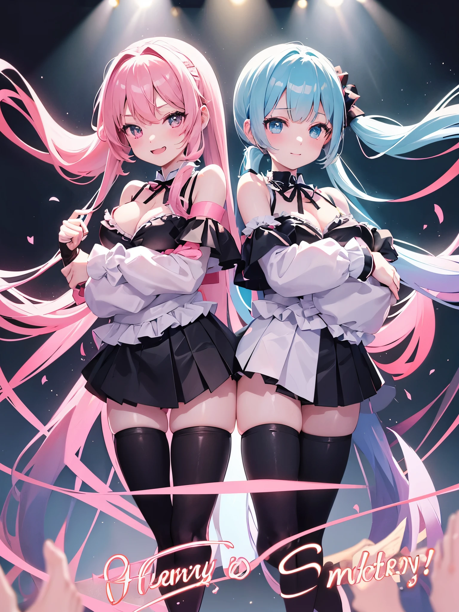 (((anime-style cute face)))、(((20-year-old woman))),(((The light blue twin tails have a lot of hair))),Highest quality, ((Sharp details)), (8k, RAW Photos, Highest quality, masterpiece), (looking at the camera),((((Cute Smile))))、Very big eyes、anatomically correct body、Big thighs、The face is bright、Professional Lighting、Cute little breasts、Cleavage、The collar is pink and white and frilly.、Cute red ribbon around the neck、(The black bikini has cute frills)、((The tight fitting black shiny leather jacket is open at the chest.:1.6))、(((The softly pleated mini skirt is lime green and black.+Isolated lively frills:1.8)))、(Shiny black knee-high socks)、(Shiny white leather gloves)、The wristband is a pink scrunchie、On the stage of the concert venue、Spotlights from all sides、Healthy female body、Erotic dance、Shoulder、Full body view