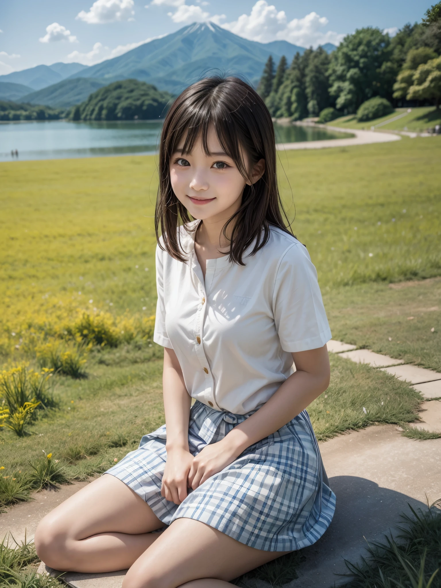 Japanese, , pure atmosphere, casual clothes, grassland, hot summer, lake, smile