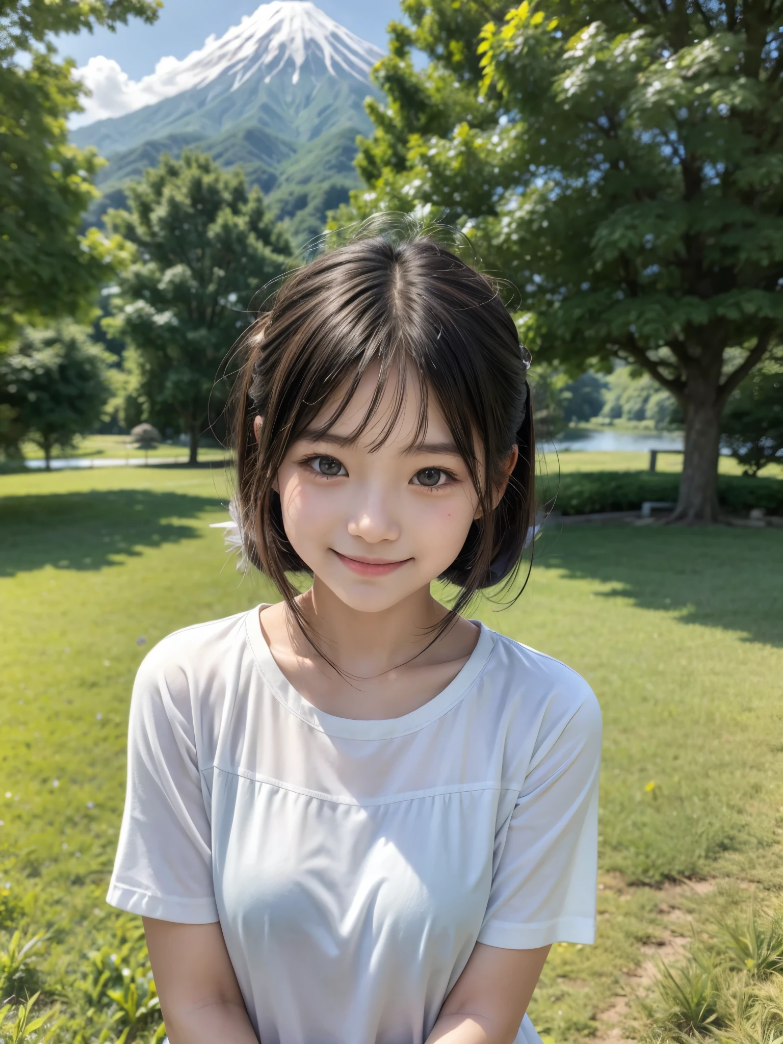 (((masterpiece))), (One beautiful Japan girl, classmates, landscape and innocence,kawaii) ,超A high resolution, Realistic, ultra-detailliert, 8K,top-quality, Extremely detailed, Detailed background,A slender,very beautiful japanese girl, Detailed face:1.3), (Boyish short-haired,A dark-haired :1.4), (a baby face,Kawaii type,adorable 14 year old girl), (Perfect body:1.1), Cute outfit,Henyo Henyo smile, beautiful off shoulder clavicle,Super Detailed Face、Detailed lips、A detailed eye、small gravure idol,Transparent skin、beatiful backgrounds、Nipples are visible、Completely naked