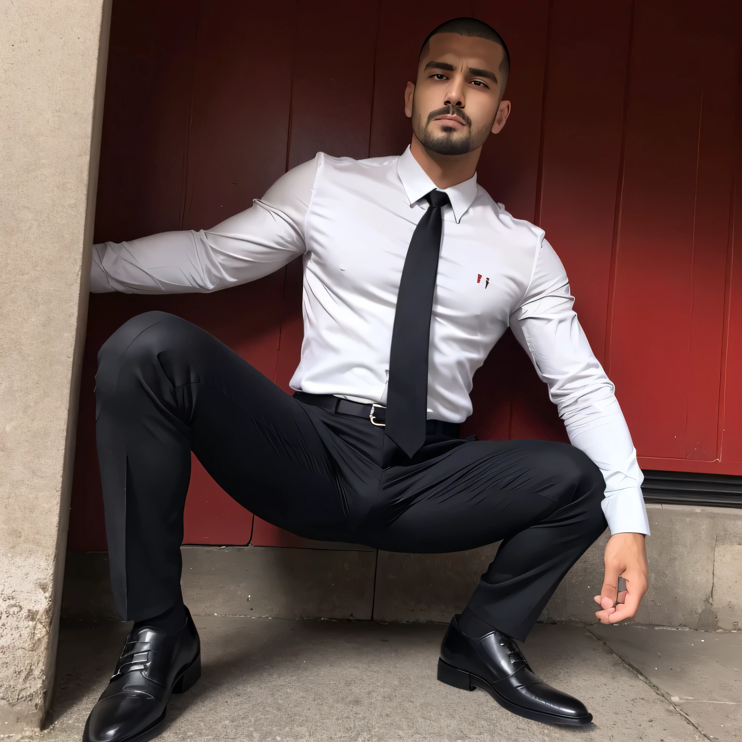 2、One Man、Black Shirt、Red tie、black slim trousers、Mountain hut。Spread your legs、Crouching against a wall、Muscular, ,buzz cut、Stubble、Faces of the Turks Menacing look The crotch area of my trousers is swollen Seen from below