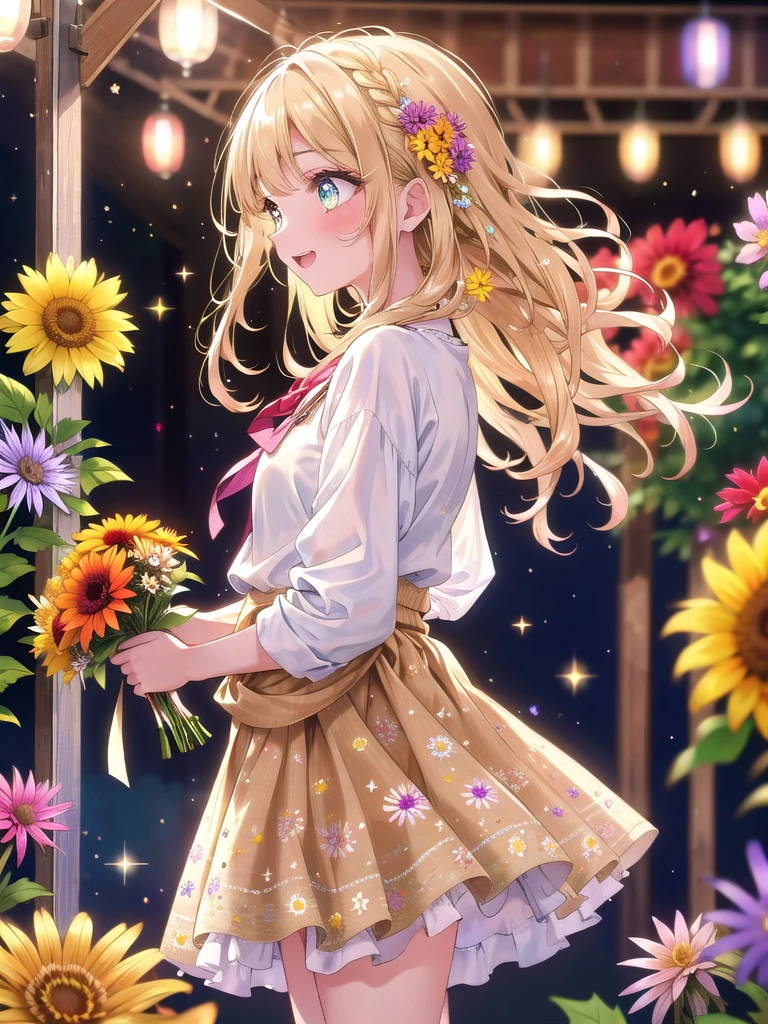 ((8k, Highest quality, masterpiece: 1.3)),Ultra-high resolution,(1 girl, alone), (Color changing eyes, Ultra-detailed, Expressive brilliance, Glitter, Glowing Eyes), Highly detailed eyes, Highly detailed face, Random Hair, ((pastel colour))Create an image of a woman in a lively outdoor market, surrounded by colorful stalls filled with fresh flowers, fruits, and crafts. She holds a small but vibrant bouquet of seasonal flowers like marigolds, dahlias, and asters, wrapped in simple brown paper. Her wavy blonde hair is loosely tied in a half-up style, and she’s wearing a casual, bohemian outfit—a flowing white blouse with delicate embroidery paired with a long, patterned skirt. She’s laughing heartily, looking off to the side as if sharing a joke with a friend. The market is bustling with people and soft ambient noises, with warm afternoon light creating a cheerful and lively atmosphere, complemented by soft focus effects on the background stalls.