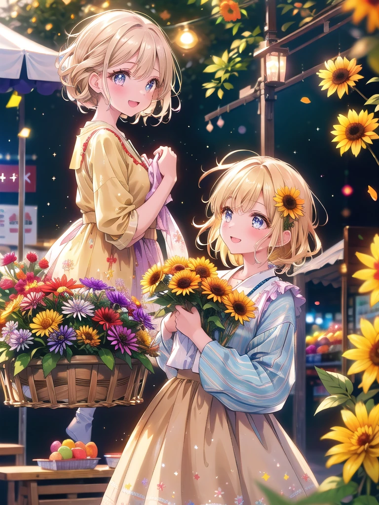 ((8k, Highest quality, masterpiece: 1.3)),Ultra-high resolution,(1 girl, alone), (Color changing eyes, Ultra-detailed, Expressive brilliance, Glitter, Glowing Eyes), Highly detailed eyes, Highly detailed face, Random Hair, ((pastel colour))Create an image of a woman in a lively outdoor market, surrounded by colorful stalls filled with fresh flowers, fruits, and crafts. She holds a small but vibrant bouquet of seasonal flowers like marigolds, dahlias, and asters, wrapped in simple brown paper. Her wavy blonde hair is loosely tied in a half-up style, and she’s wearing a casual, bohemian outfit—a flowing white blouse with delicate embroidery paired with a long, patterned skirt. She’s laughing heartily, looking off to the side as if sharing a joke with a friend. The market is bustling with people and soft ambient noises, with warm afternoon light creating a cheerful and lively atmosphere, complemented by soft focus effects on the background stalls.