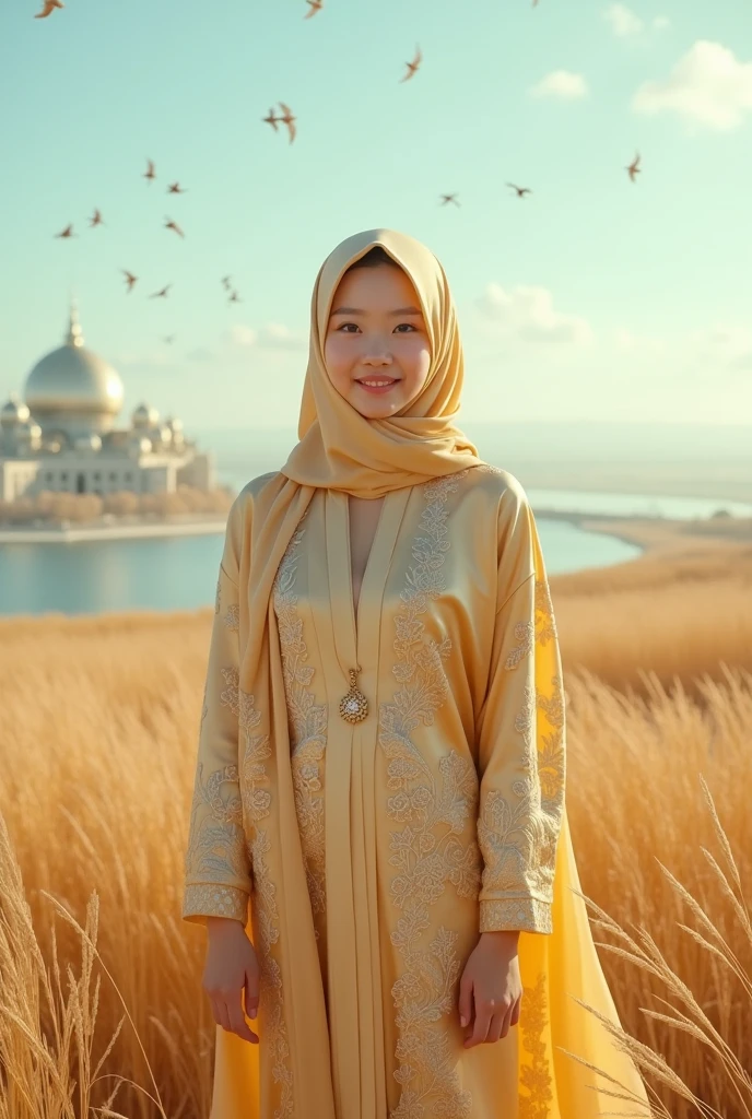 A cinematic view of an amazing lake located in the center of an enigmatic city. Beautiful Korean Girl, white skin well cared for face, a little fat, standing posing looking at the camera, smile, in the tall golden grass, luxury gold hijab,wearing a luxurious gold robe, Silver floral embossed motif,  gold, under the clear blue sky,the robe sways gently in the wind, emits bright and soft light and creates a dazzling bright glow. A flock of birds soaring high in the sky, add atmosphere. This image is characterized by volumetric lighting combined with a peach color scheme. 