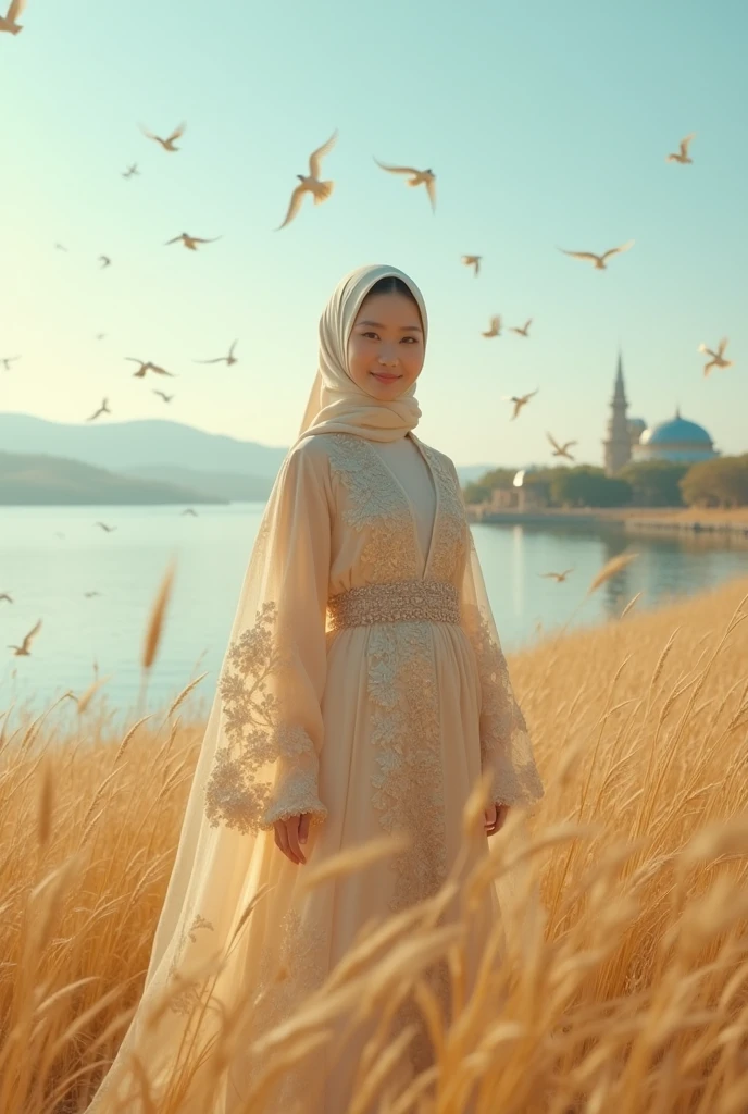 A cinematic view of an amazing lake located in the center of an enigmatic city. Beautiful Korean Girl, white skin well cared for face, a little fat, standing posing looking at the camera, smile, in the tall golden grass, luxury gold hijab,wearing a luxurious gold robe, Silver floral embossed motif, gold, under the clear blue sky,the robe sways gently in the wind, emits bright and soft light and creates a dazzling bright glow. A flock of birds soaring high in the sky, add atmosphere. This image is characterized by volumetric lighting combined with a peach color scheme.