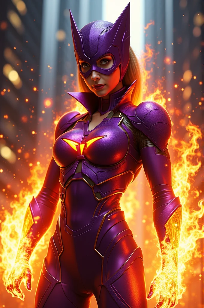 Create a superhero with fire powers and purple and red colors who embraces capitalism 