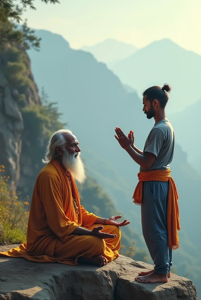 A beard man with age 70 doing yoga in front of a mountain, wise old indian guru, yoga meditation pose, standing pose on stones, small dog is also there. A 30 years young Indian man is standing and namaskar to the 70 years old man. 30 years young Indian man wears grey t-shirt, blue pant, wears orange colour bag, his height is 5'9 feet, he don't wear any shoes, he has small ponytail 